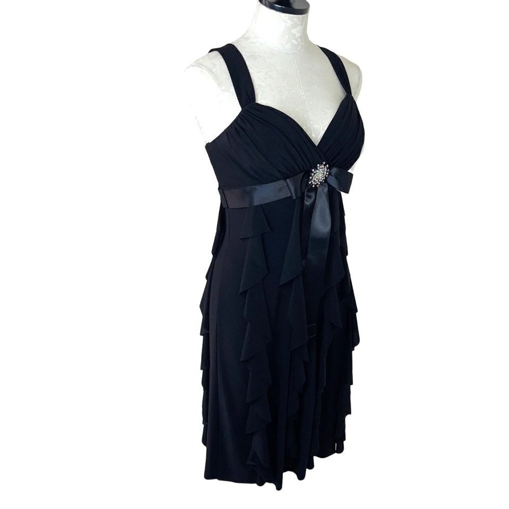 Cache Womens Ruffle Dress Black Size 6 Chiffon Long Ribbon Rhinestone Brooch Bow - Picture 2 of 12